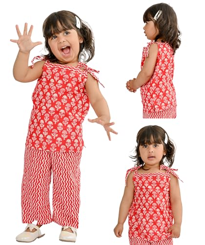 Image of Baby Girls' Dresses Cotton Clothes Top Pant Set 1 To 4 Years White Red Birthday Party Sleeveless Outfit Children Shoulder Tie Summer Wear