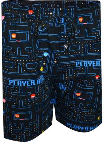 Mad Engine Men's Pacman and Ghosts Player Ready Black Lounge Shorts