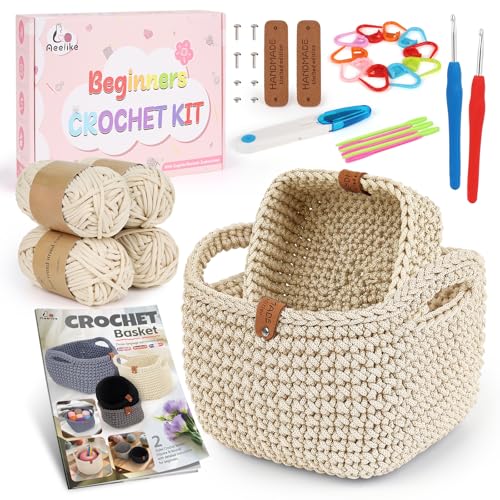 Image of 27PCS Crochet Basket Kit for Beginners (L&S), Complete Crocheting Basket for Storage, Knitting Starter Set with Instruction , Beginner Crochet Kit for Adults, Crocheting Gift for Home Decor Family