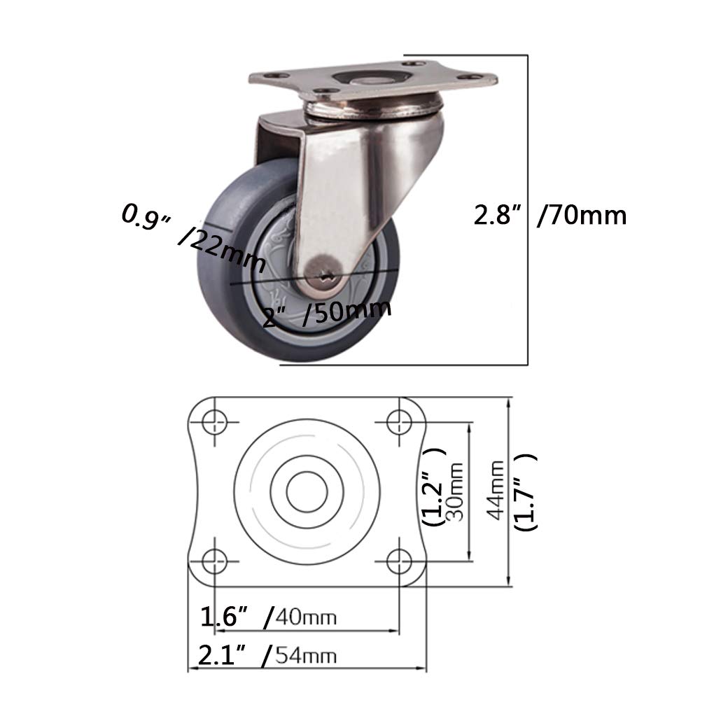 Rueda de acero inoxidable 304, rueda para muebles de 50 mm, ruedas giratorias de goma TPR, carga 120 kg, para carros para muebles (1,5" 2")