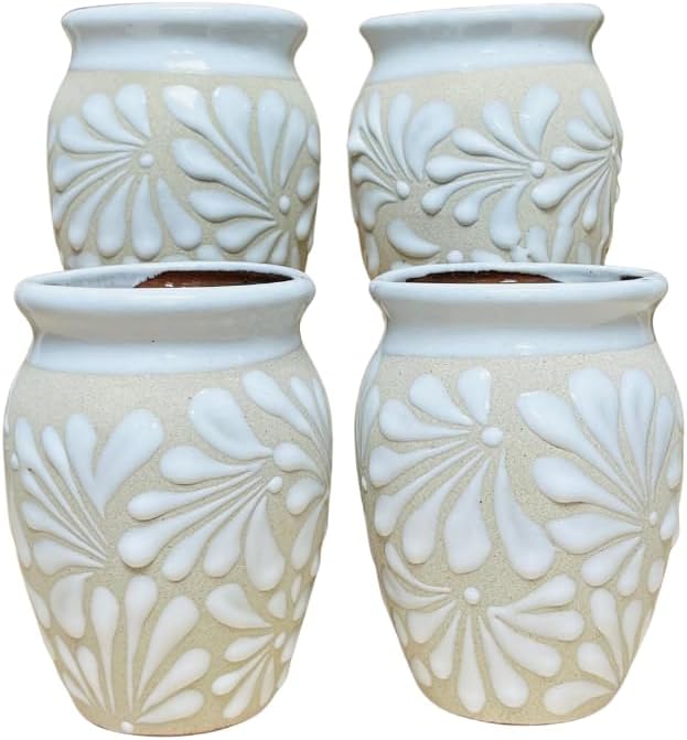 Set of White Espiga Plumeado Cantarito Cup - Set Clay Cantarito Engobe - Handmade Mexican Clay Cups - Margarita Cups - Summertime Essentials (Set of 4)