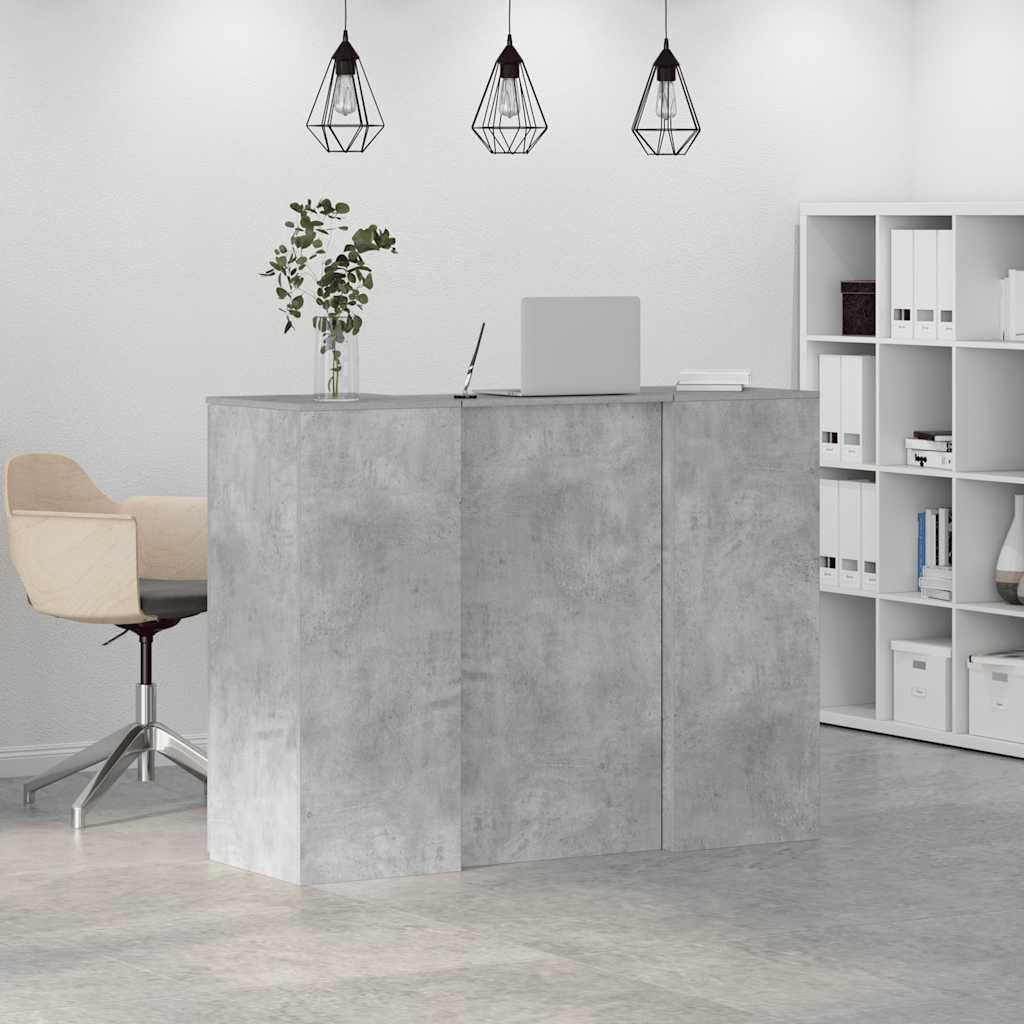 Mesita de recepción gris hormigón 135 x 50 x 103,5 cm de material de madera con mostrador integrado y espacio de almacenamiento, con armario para oficina, oficina en casa y recepción