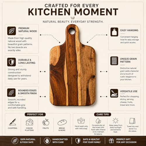 Image of Handcrafted Wooden Chopping Board for Kitchen | Cutting Board & Serving Platter | Food Safe Wooden Board for Vegetables, Fruits, Cheese & Bread | Multiple Designs (Paddle Handle, Sheesham Wood)
