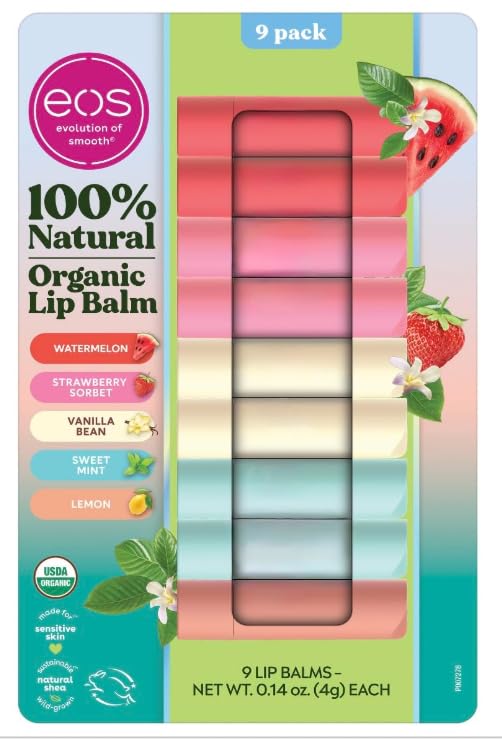 Lip Balm, 9 Sticks natural organic Vanilla bean, Strawberry sorbet, Watermelon, Sweet mint and Lemon