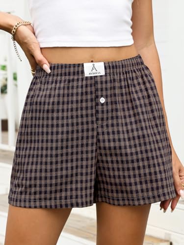 Image of ANRABESS Boxer Shorts for Women Gingham Pajama 2026 Summer Casual Lounge Sleep Plaid Shorts Y2K Beach Bottoms