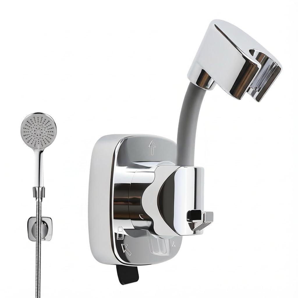 No Drill Shower Head Holder with Dual Suction Cups, 360° Adjustable Shower Bracket for Handheld Shower Heads, Reusable Wall Mount for Smooth Tiles and Glass