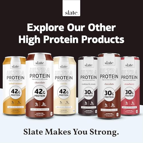 Image of Slate Milk - High Protein Milk Shake - Chocolate Variety Pack - Chocolate, Dark Chocolate, Mocha Latte - Lactose Free, 20g Protein, 1g Sugar, 100-110 Calories, 1-3g Net Carbs - 11 fl oz, 48 Cans