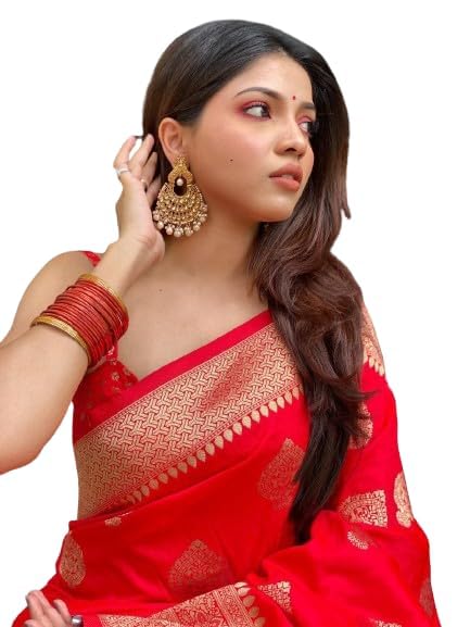 Esomic Women’s Beautiful Hot Red Shine Kanjivaram Wedding Saree With Blouse