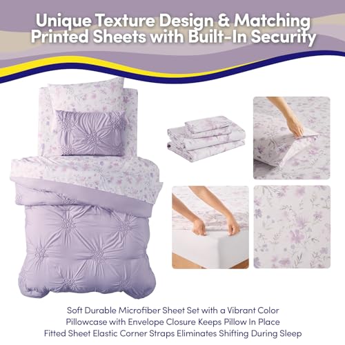 Image of Floral Pintuck Comforter Set Twin Size - Bed in a Bag with Sheets, Pillowcases & Shams - Soft Stylish Sports Bedding - All Season Boys Basketball Bed Set