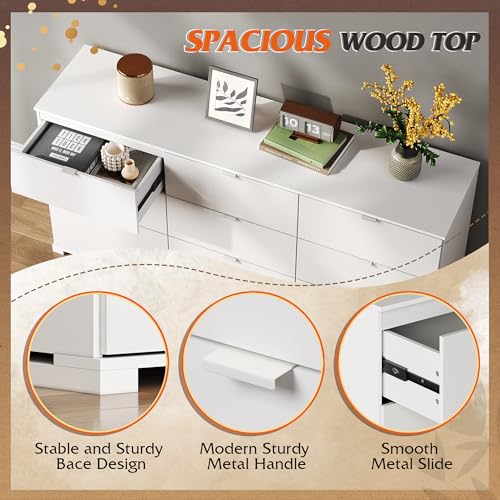 WLIVE 9 Drawer Dresser for Bedroom, 63" Wide White Drawers Large Wood Chest of Drawers Organize with Sturdy Metal Handle, Modern Dresser for TV Stand, Living Room Office, Hallway, Ball Bearing Slide