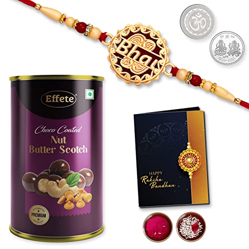 Image of DeoDap Multicolor Bhai Coded Roli Chawal Gift Rakhi with Chocolate Butter Scotch 96gm, Silver Pooja Coin, Tilak Set, Greeting Card - Rakhi Gift for Brother