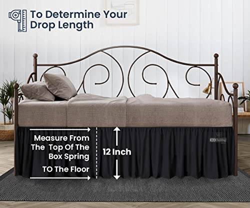 Sgi 12 Inch Drop Length Twin Size Black Solid Day Bed Skirt Stylish Ruffled Pattern Split Corner Easy Fit Easy Care Fade & Wrinkle Resistant- Microfiber Made #TOP4