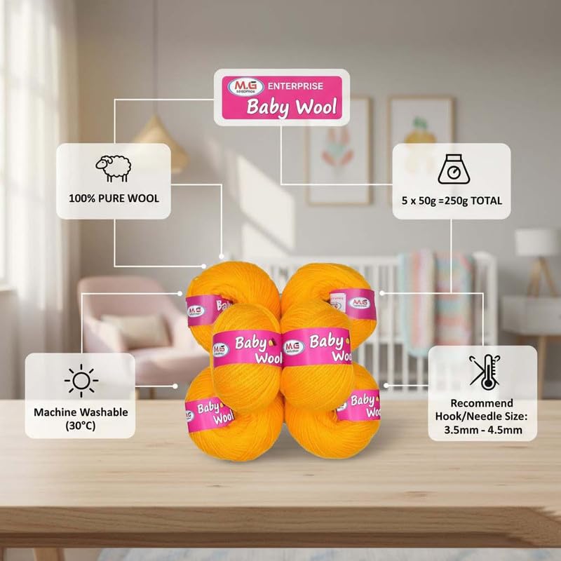 Image of M.G Enterprise Prime Baby Wool 100% Acrylic Yarn Yellow 7 Pc 4 ply Ball Hand Knitting Wool /Art Craft Soft Fingering Crochet Hook Yarn- Art-HF