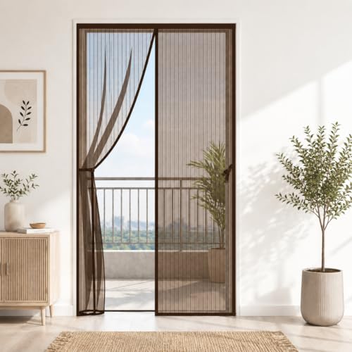 Image of DIVAYANSHI Fiberglass Magnetic Door Mosquito Net Brown 210x100 cm | 18 Magnet Pairs | Pre-Stitched | Velcro Tape Included | with Automatic Closure