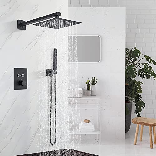 Duschsystem, thermostatisch, schwarz, Wandmontage, Mischbatterie von Junsottor, 2-Wege-Regen-Set, 30,5 cm, Regenfall, ultradünn, Duschkopf mit Handbrause, Badezimmer, Dusche, Luxus Cover