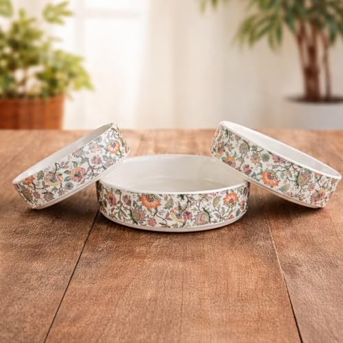 Image of Niyara Stoneware Handmade Ceramic Stylish Premium Serving Bowls /Salad Tray Microwave Dishwasher Safe (Heritage Floral Bowl Set of 3)