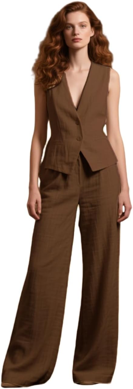 Womens Linen Suit Summer 2 Piece Outfits Casual Vest and Wide Pants Set