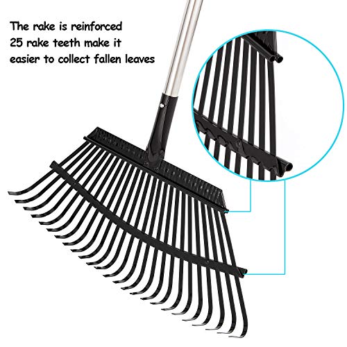 Yangbaga 63” Garden Leaf Rake 38”-63”Adjustable Garden Rake,25 tines, Metal Rake for Quick Clean Up of Lawn and Yard