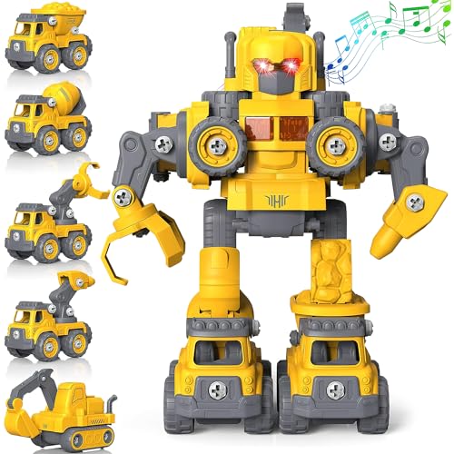 Juguetes Construcción, TMOSLY 5 en 1 Robot Transformado, Juego de Juguete Construcción de Coche, Juguete de Vehículos de Construcción para Niños, 133 Pcs Take Apart Construction...