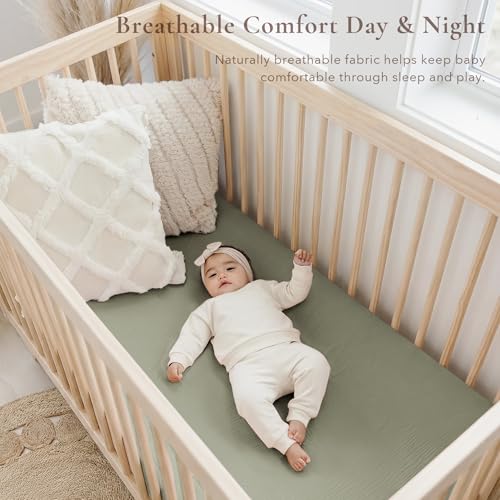 Image of Konssy Muslin Crib Sheets 2 PCS, 100% Cotton Baby Crib Sheets for Standard Crib Mattress (28 inchx 52 inch), Soft and Breathable for Boys, Girls (Rabbit,Fog Green)