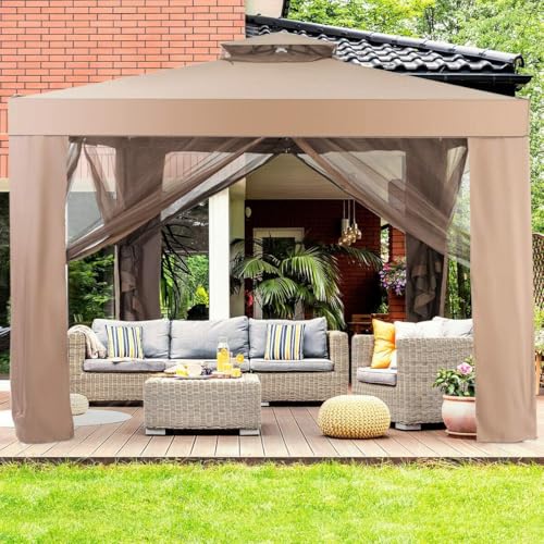 RELAX4LIFE Carpa 3x3m con Mosquitera, Tela Impermeable, Doble Techo, UPF 50+, Cortinas de Malla Extraíbles con Cremallera, Pergola de Jardín con Estacas de Tierra para Patio y Terraza (Marrón)