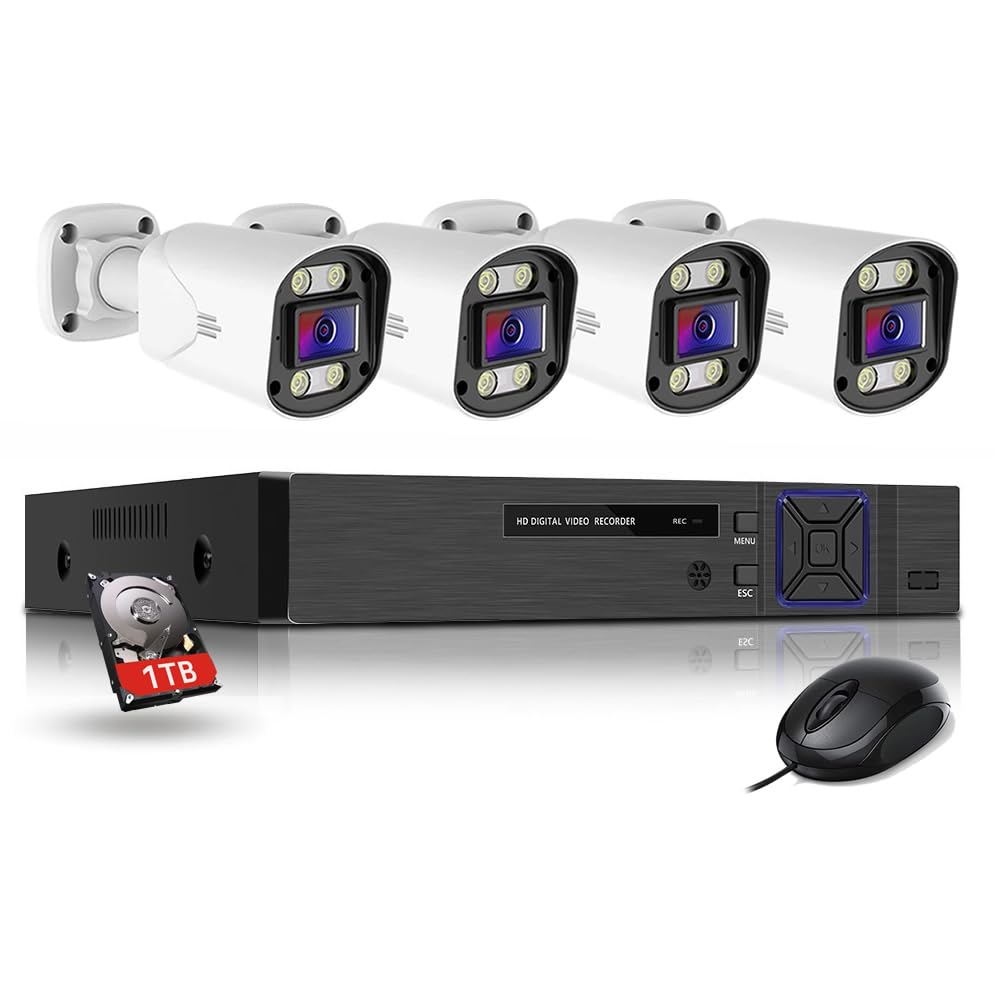 JUSTOP Starlight 8 Channel Outdoor CCTV Camera System, Smart Security Kit, Full Colour Night Vision, AOC Audio Recording, H.265+ DVR with 1TB Hard Drive and 4x 1080P Cameras, Email & APP Alert