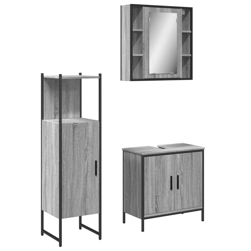 SYDE Set Mueble Baño 3 Piezas Gris Sonoma | Armario con Espejo, Estante Inferior, Acero Resistente, Patas Ajustables