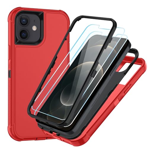 Image of SunStory Compatible with iPhone 12 /12 Pro Case with HD Screen Protector, 3-Layer Heavy Duty Full-Body Cover,3 in 1 Hybrid Protective Case for iPhone 12 /12 Pro 6.1 inch, Red