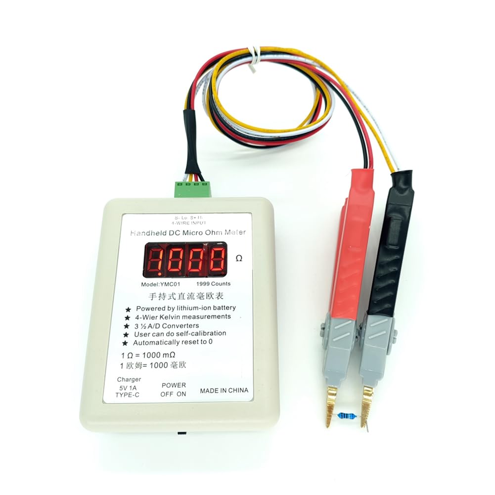 Miliohmímetro de CC de mano, medidor de baja resistencia, cuatro cables, medición Kelvin, recargable, 20R, 1-1999 mΩ, clip grande
