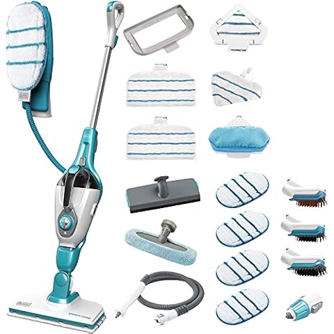 Black+Decker 17in1 Dampfbesen FSMH1321JMD & Dampfhandschuh SteaMitt-Dampf Reiniger für Boden,Textilien und Polstermöbel-Auffrischung-Automatische Dampfmengen-Einstellung-1300 W,Blau/Weiß Cover