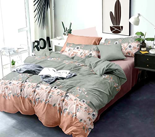 Image of DECOMIZER Super Soft Glace Cotton King Size AC Comforter /Blanket /Duvet for Double Bed with 1 Flat Bedsheet and 2 Large Pillow Covers - 4 Piece Comforter Set - Peach Patta