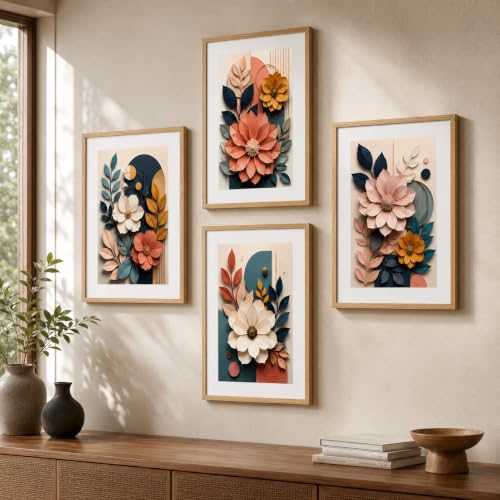 Image of Livin'luxe Set of 4 3D-Effect Floral Botanical Wall Paintings with Sparkle Laminate and Premium Wooden Synthetic Frame for Living Room Bedroom Office Decor (13.5 x 19.5 Inch)