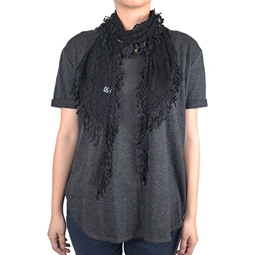 Lace Scarf with Flower Print & Melon Seed Fringe (Black)