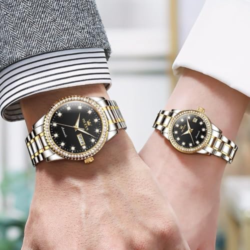Image of OLEVS Couple Watch Men and Women His and Her Watches Set Analog Date Diamond Stainless Steel Waterproof Luminous Wrist Watch