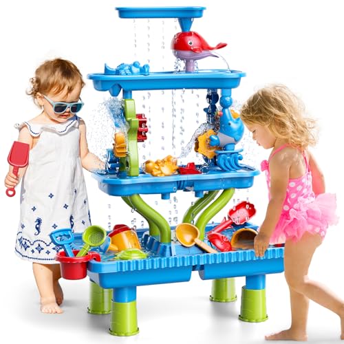 WATUDOU 4-Tier Sand and Water Table for Kids, Outdoor Splash and Play Activity Set for Boys and Girls Ages 3 4 5 6 7 8 Years, Summer Beach & Poolside Sensory Toys for Fun Water Play
