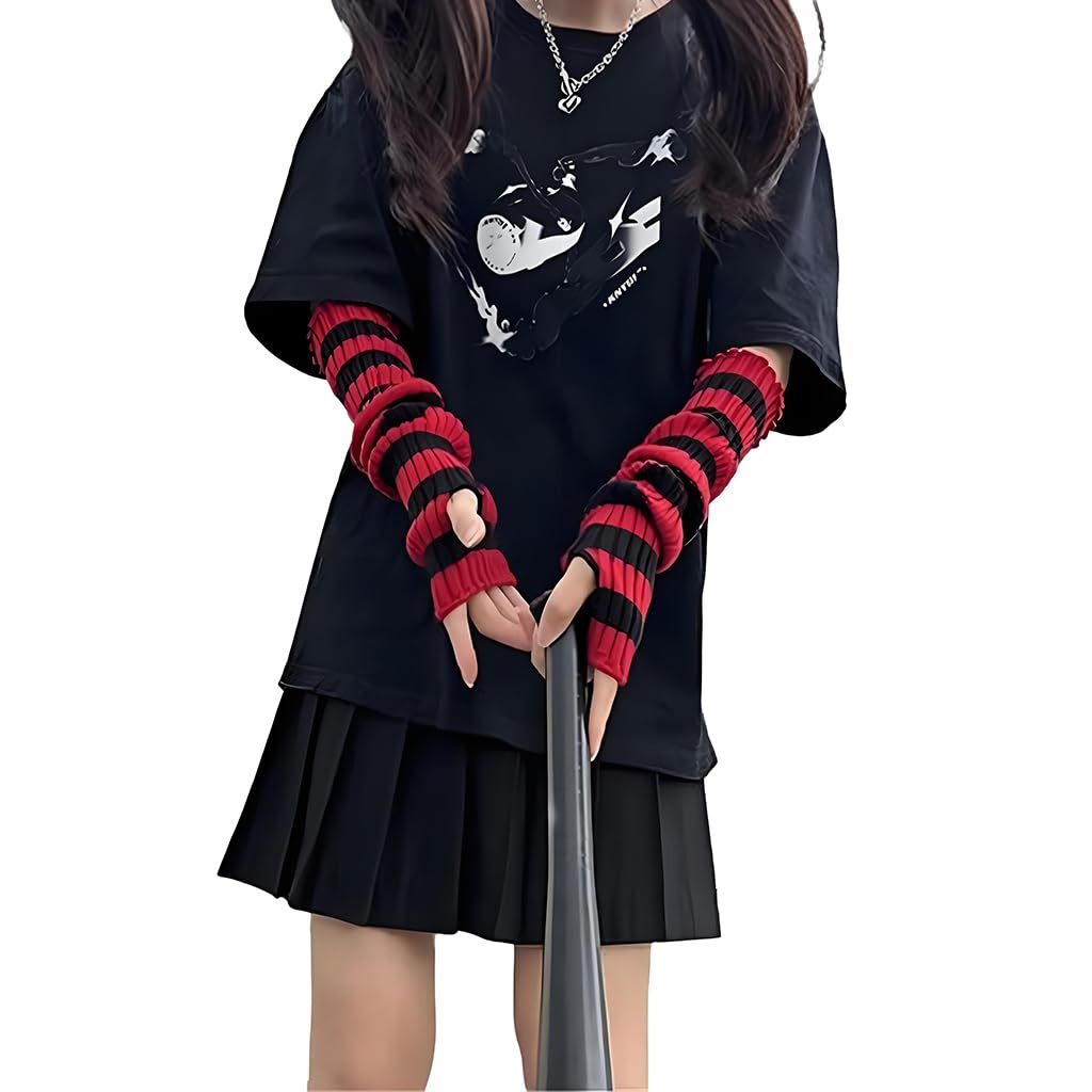 Arm Warmers Y2K Girls Red Black Striped Arm Warmer with Thumb Hole, Knitted Arm Warmers for Women Fingerless Winter Gloves Accessories for Style and Warmth