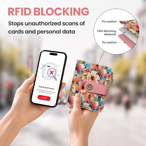 Image of Small Wallet for Women, RFID Blocking Bifold Card Holder Wallet with 10 Card Slots, Cash Compartment, Zipper Coin Pocket & ID Window, Cute Soft Vegan Leather Compact Wallet, Pastel Garden