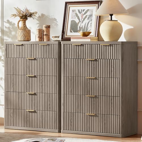 Image of LEYAOYAO Fluted 6 Drawers Dresser for Bedroom Set of 2, 42 inch Tall Modern Chest of Drawers with Metal Handle, Curved Profile Design,Grey Wood Drawer Organizer for Bedroom, Living Room, Hallway