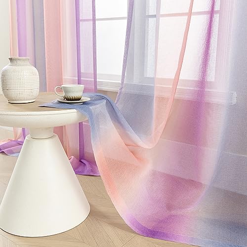 Image of XiDi Pink Green and Purple Sheer Curtains for Girls' Bedroom Decor,Rod Pocket Faux Linen Semi Voile Drapes,Ombre Window Pastel Curtains for Kids' Living Room,96 Inch Long 2 Panels