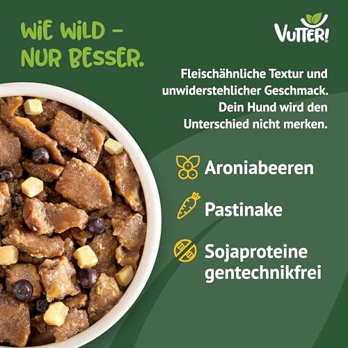 VUTTER Nassfutter Wie Wild, 12x400 g: Hundefutter Vegan - Alleinfutter für Hunde - Fleischähnlich für hohe Akzeptanz - Sojaprotein für Muskeln, Zink für Haut & Fell, Kalzium für Zähne & Knochen