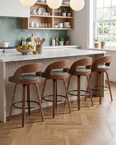 Image of AQG Swivel Bar stools Set of 4 Bar Chairs 26 inch Counter Height Mid-Century Modern Bentwood Barstool PU Leather Upholstered Bar Chair with Back and Footrest, for Bar, Cafe, Dining, Kitchen Island, Green