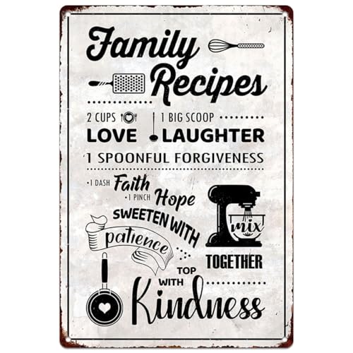 Funny Kitchen Signs Wall Decor Farmhouse Personalized Cookroom Metal Sign Retro Kitchens Counter Accessories 12x8 Inch Aluminium Hanging Plaque Home Decorations (Family Recipes Sign)