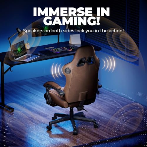 Image of GTPLAYER ACE-PRO Music Gaming Chairs - Built-in Speakers, App Support & Bluetooth Control, Computer Game Chairs with Footrest for Adults, Ergonomic Reclining Silla, Linkage Armrest, Light Brown