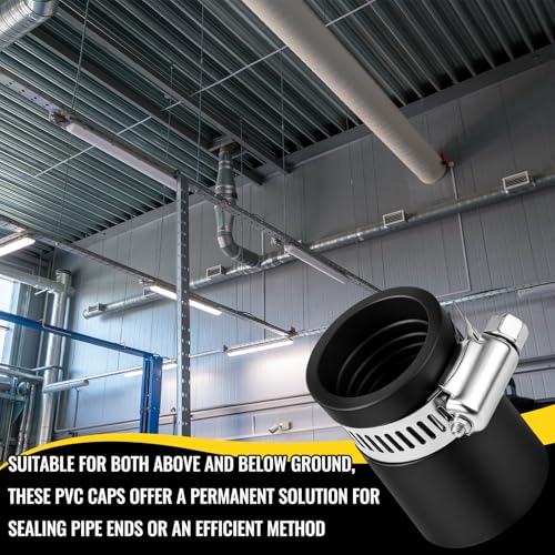 Image of 6 Pack 1 Inch Flexible PVC Pipe Cap with Stainless Steel Clamps - Black Durable End Caps for Drainage, Wastewater & Vent Pipes, Above /below Ground Use