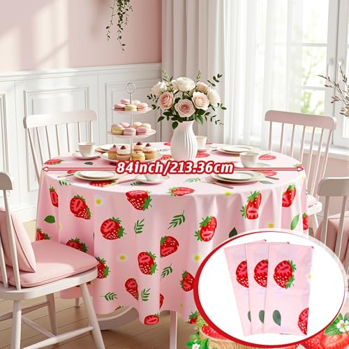 Image of Ganeen 6 Pcs Strawberry Plastic Tablecloth Pink Strawberry Round Tablecloths Birthday Decor Disposable Plastic Round Waterproof Table Covers for Holiday Weeding Tea Decoration Party Favor