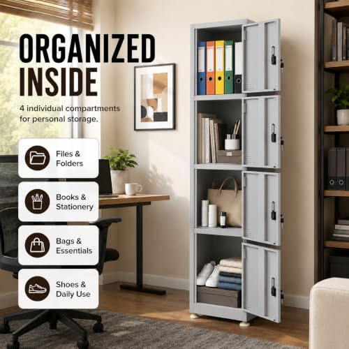 Image of Amazon Brand - Solimo 4 Door Steel Locker | Secure Metal Storage for Equipment, Uniforms, Documents & Personal Items | Multi-Purpose Vertical Cabinet for Gym, School, Office Powder Coated Light Grey