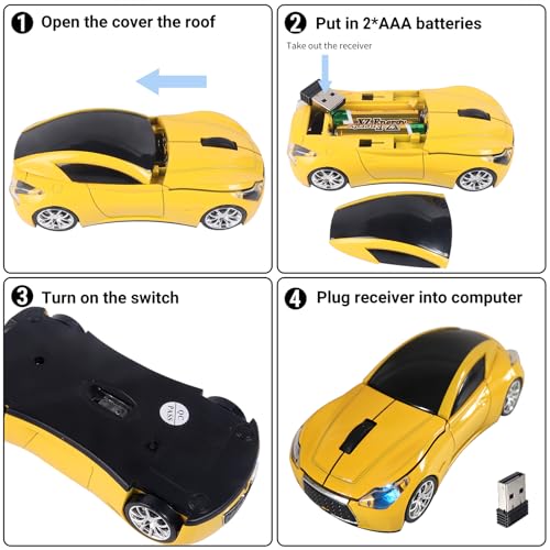 Image of elec Space Wireless Mini Mouse with Case - Cute Sports Car Shape, Lightweight & Portable, 10m Range, Plug and Play (Yellow)