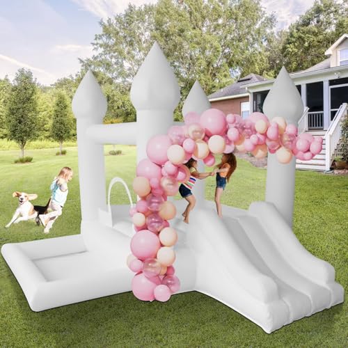 AKSPORT White Bounce House Castle Inflatable Jumping Castle with Slide & Air Blower for Kid, Wedding, Birthday Party Castle, 9 * 9 * 7FT by AKSPORT - Used condition - US$190.36