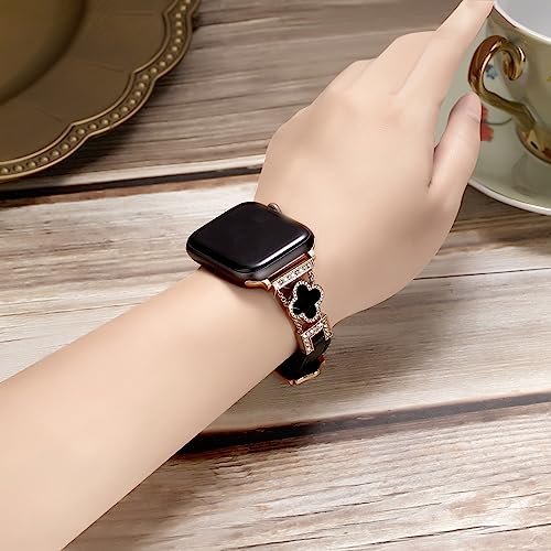 Luxury Leather Band Compatible with Apple Watch Women Series 8 SE 7 6 5 4 3 2 1, Classic Slim Leather Strap with Metal Buckle for iWatch 42mm 44mm 45mm 49mm (42mm, Black/Rose Gold)