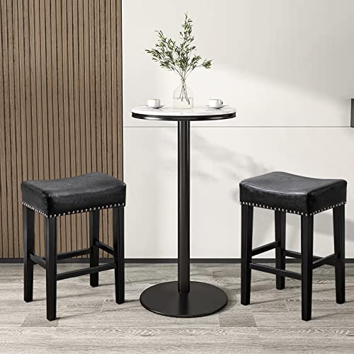 Hommoo 26 Inch Counter Height Bar Stools Set Of 2 Backless Leather Saddle Barstools With Solid Wood Legs Kitchen Stools For Island Black #TOP6